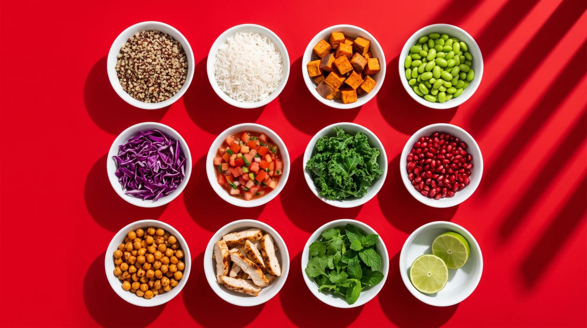 Fresh ingredients laid out in a grid of white bowls on red